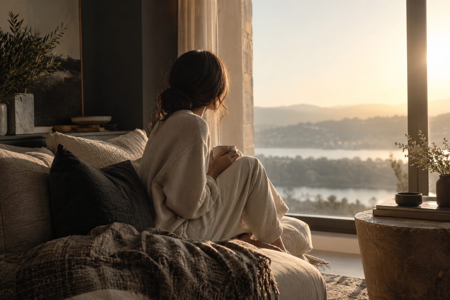 A woman sitting quietly by a window in warm morning light.